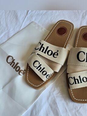 Inspired Chloé Woody Flat Logo Ribbon Slide  Sandals